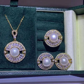 Женские ювелирные изделия Серьги с белым пресноводным жемчугом, кольцо, кулон, ожерелье, набор