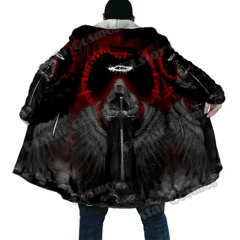 Модный зимний мужской плащ с рисунком черепа сатаны, 3D-печать, толстый шерстяной плащ с капюшоном, повседневный теплый плащ-пальто Унисекс