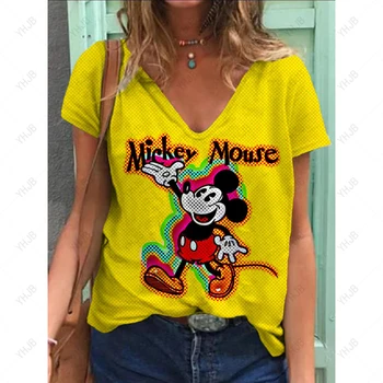 Простая милая женская футболка, летняя футболка оверсайз, футболки с принтом Disney, Минни, Микки Маус, повседневные топы с коротким рукавом и V-образным вырезом, футболки