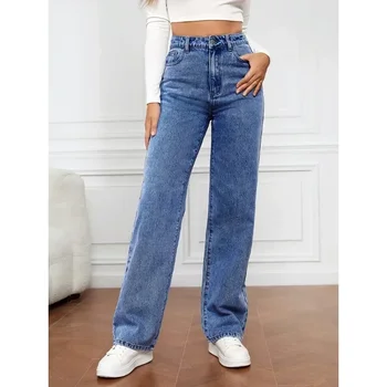 Модные офисные женские джинсы, женские уличные прямые брюки, свободные джинсы из денима с высокой талией, осенние повседневные брюки-стрейч 29449