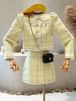 Высококачественный Французский маленький Ароматный Твидовый комплект из двух предметов, Женская короткая куртка, пальто + юбка, осенне-зимний Корейский сладкий комплект из 2 предметов