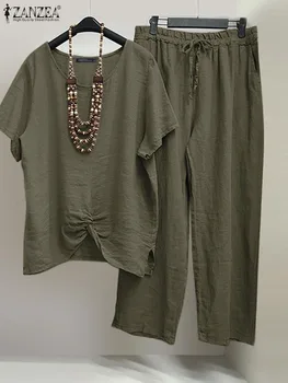 Модные спортивные костюмы из 2 предметов, женские брючные комплекты ZANZEA, летняя блузка с коротким рукавом, брючные костюмы, женские комплекты в тон, Элегантный рабочий костюм