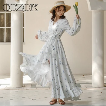 Женское белое платье с V-образным вырезом и принтом COZOK, шифоновое Летнее платье для отдыха на море, сексуальная пляжная длинная юбка в стиле бохо, женское модное платье