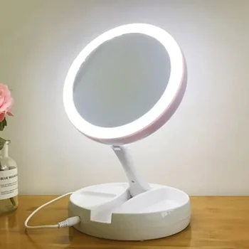 Складное зеркало для макияжа со светодиодной подсветкой от USB или аккумулятора, белое косметическое зеркало для туалетного столика с подсветкой, настольные зеркала с 10-кратным увеличением