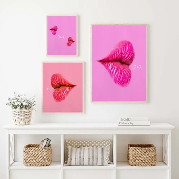 Розовый стиль, опрятный настенный художественный плакат, картина на холсте с поцелуем в губы, модный современный домашний декор для студенческой комнаты, спальни для девочек