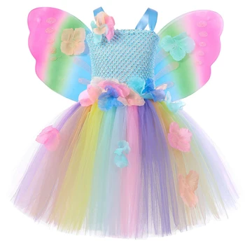 Платья сказочных принцесс пастельных цветов для девочек, детские костюмы на День рождения, Хэллоуин с крыльями бабочки, нарядное платье-пачка