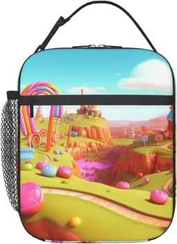 Красочный ланч-бокс с изоляцией Candy Land, водонепроницаемая сумка-тоут, многоразовая сумка-холодильник для ланча с боковыми карманами для работы, пикника и путешествий