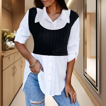 Контрастный цветной топ с длинными рукавами, Шикарная женская рубашка с длинным рукавом с отворотом, Стильное лоскутное шитье из двух предметов, подходящее по цвету для осени