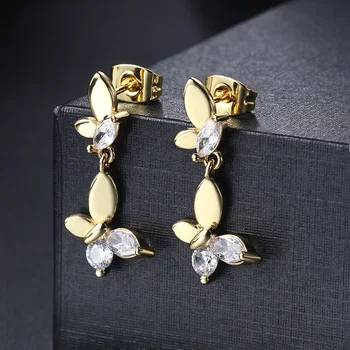 Нежные серьги с пирсингом в виде капли бабочки для женщин, Блестящий кристалл, Висячая Мочка уха Золотого цвета, женские серьги, модные украшения E425