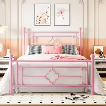 Детская кровать с ретро-изголовьем и спинкой / без пружин / бесшумная / простая в сборке, розовая детская кровать
