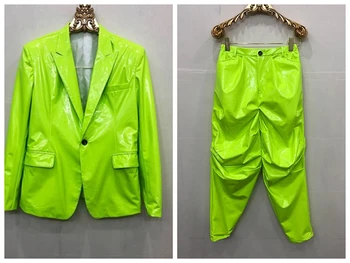 Мужской кожаный костюм, пальто + Плиссированные зеркальные брюки 