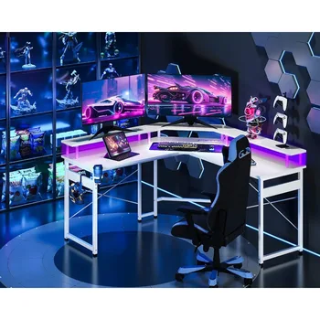Игровой стол L-образной формы со светодиодной Подсветкой и Розетками Питания, 51-дюймовый Компьютерный стол с Полноценной Подставкой для монитора, Белое углеродное волокно