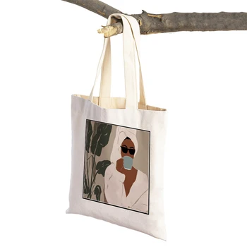 Африканская женская холщовая сумка-тоут с принтом, модная мультяшная красивая Черная леди, искусство девушки, складная многоразовая сумка для покупок