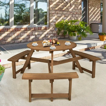 Круглый деревянный стол для пикника на 6 персон с отверстием для зонтика и 3 встроенными скамейками Стол для пикника во внутреннем дворике на открытом воздухе
