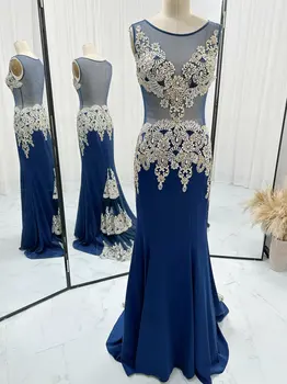 Темно-синяя модификация Без рукава, прозрачная сетка, Тонкая юбка-русалка с маленьким прицепом, вечернее платье, юбка M1746