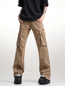 Свободные джинсы-карго YIHANKE с несколькими карманами, мужской подол, застиранная молния, потертые повседневные прямые джинсовые брюки, Мужские брюки