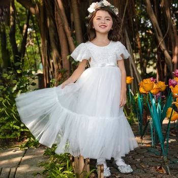 Весенне-летние платья для девочек с летящими рукавами, однотонное кружевное платье принцессы, Темпераментное платье, Свадебное сетчатое платье для девочки в цветочек