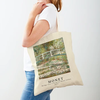 Художник-импрессионист Клод Моне, сумка для покупок через плечо, женские сумки для покупок, повседневные женские холщовые сумки-тоут с двойным принтом