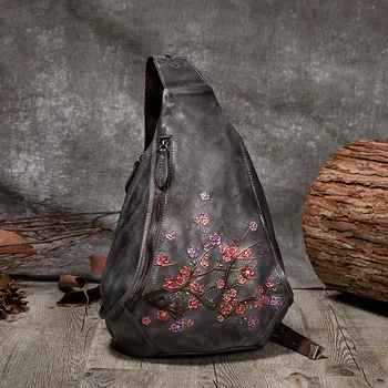 Женская нагрудная сумка из натуральной кожи, винтажный трехцелевой рюкзак ручной работы, нагрудные сумки с тиснеными цветами