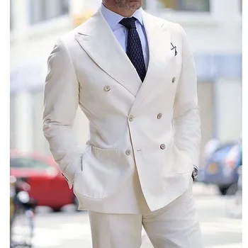 Шикарные белые льняные костюмы для мужчин, модный двубортный мужской костюм с отворотом, элегантный повседневный свадебный смокинг, костюм из 2 предметов Homme