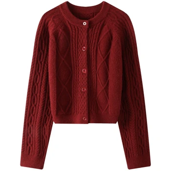 Винтажный женский Осенний новый свитер-куртка Twist, толстый однотонный вязаный кардиган