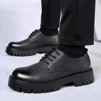 Классические Новые черные мужские туфли на платформе в британском стиле Из натуральной коровьей кожи, сшитые на шнуровке, мужские туфли-дерби на толстой подошве ручной работы