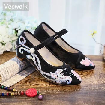 Винтажная женская обувь Мэри Джейн из хлопчатобумажной ткани Veowalk, вышитая в винтажном стиле, удобная женская обувь с острым носком в китайском стиле