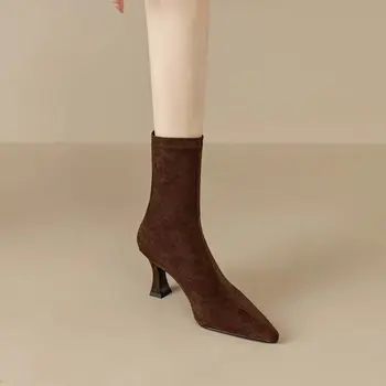 Зимние женские ботильоны из эластичной ткани, сексуальные короткие пинетки с острым носком, Модные вечерние носки на высоком каблуке, ботфорты на тонком каблуке
