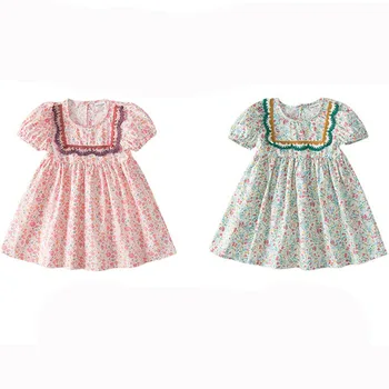 Детское платье для девочек, детская одежда, летний Новый стиль, платье с пузырчатыми рукавами для девочек, хлопковые платья принцессы с цветочным рисунком, короткий рукав