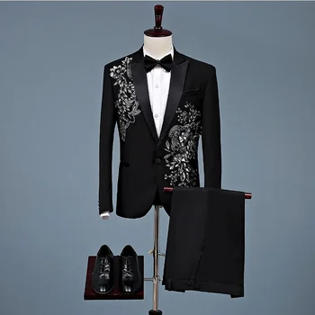 Однотонные костюмы с вышивкой для официальных мероприятий, смокинг для свадебной вечеринки, комплект из 2 предметов, блейзер, брюки Жениха, костюм жениха, куртки, галстук-бабочка