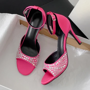 Атласные босоножки с ремешком и пряжкой на щиколотке с кристаллами, женские летние туфли-лодочки на высоком каблуке 2024 года, свадебные туфли с открытым носком, Zapatos Mujer для свадебной вечеринки