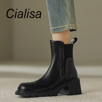 Обувь Cialisa, женские полусапожки, осень-зима, круглый носок, натуральная кожа, черные ботильоны ручной работы на толстом каблуке, стрейчевая платформа, эластичные ботильоны,