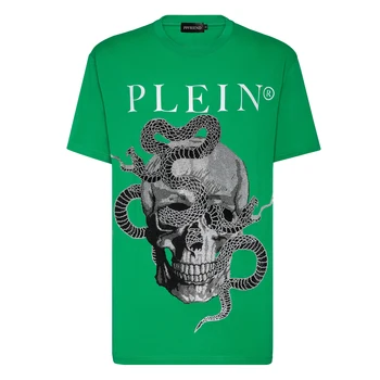PLEIN BEAR Мужская Зеленая футболка SS Skull Snake с кристаллами, Футболки из 100% хлопка, Мужские Топы, Удобные Футболки 917