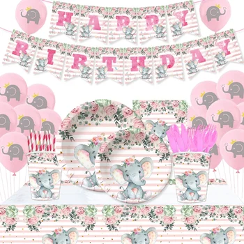 Оформление вечеринки в стиле розового слона, детский душ, одноразовая посуда для вечеринок, бумажные тарелки, салфетки, баннеры