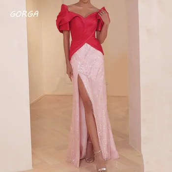 Атласная русалка со складками GORGA Red с V-образным вырезом, выполненная по индивидуальному заказу, С аппликацией из блесток, платье для выпускного вечера длиной до пола, Вечерние платья для вечеринок