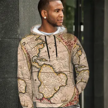 Винтажная карта мира Свободные толстовки с принтом Man Maps Уличный модный пуловер с капюшоном Весенние ретро-графические толстовки с капюшоном большого размера