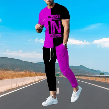 Летний мужской комплект с модной надписью Believe Yourself, футболка с коротким рукавом и брюками с 3D-принтом, уличная трендовая повседневная мужская одежда