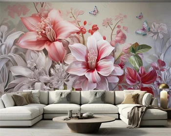 beibehang Индивидуальные современные роскошные фоновые обои с трехмерным рельефом в виде цветка и бабочки, роскошного телевизора и дивана