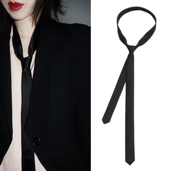 Классический элегантный черный галстук на шею для женщин, мужская мода, Корейский простой галстук-клипса, тонкие гладкие аксессуары для одежды, модный галстук на шею