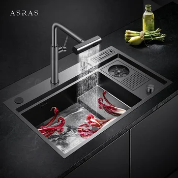 ASRAS Nano с тиснением в виде сот, большой размер, панель 4 мм, ступенчатые раковины ручной работы, ополаскиватель для чашек, смеситель для водопада, кухонные раковины