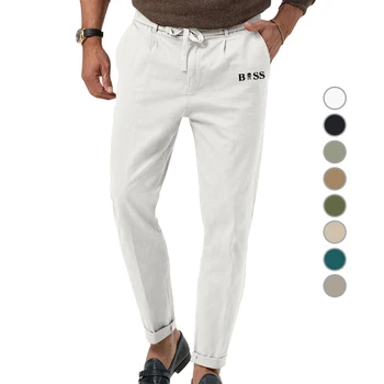 Брюки: Мужская корейская версия модных рабочих брюк свободного кроя, весенне-осенние брюки с прямыми штанинами, мужские укороченные брюки