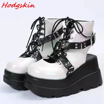 Черно-белые ботильоны на шнуровке, металлический пояс с круглым носком, увеличивающий рост, обувь на толстой подошве в уличном стиле, женские короткие ботинки