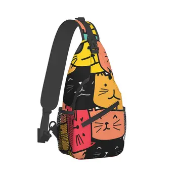 Сумка через плечо, спортивная сумка с разноцветными мультяшными кошками, нагрудная сумка с бесшовным рисунком, Унисекс, Женские, Мужские Модные Рюкзаки через плечо, Дорожные