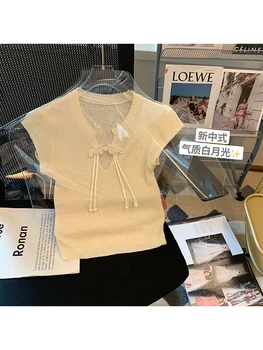2023 Летняя винтажная блузка нового дизайна, топы с пуговицами в китайском стиле, женские классические короткие модные Элегантные костюмные футболки