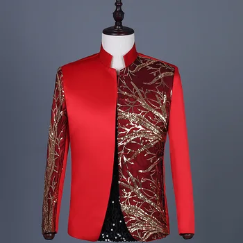Красное платье с золотыми блестками, блейзер, мужской свадебный банкетный костюм со стоячим воротником, пальто, мужской стильный сценический костюм для выпускного вечера.