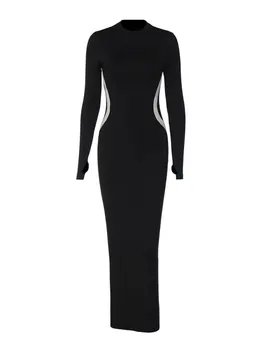 Женское элегантное длинное облегающее платье контрастного цвета с круглым вырезом и длинным рукавом, приталенное платье