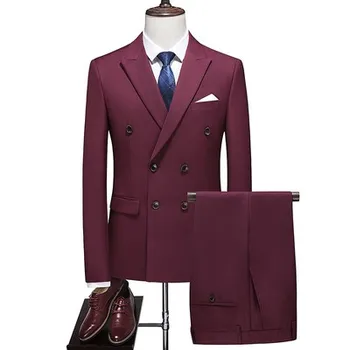 Модный мужской костюм из 2 предметов, приталенный, формальный, двубортный, однотонный, деловой, свадебный, вечерний комплект, куртка и брюки