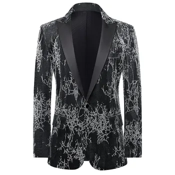 Модный банкетный жаккардовый пиджак Мужской воротник с лацканами, смокинг-блейзер для певца, ведущего сценического выступления, свадьбы, выпускного вечера