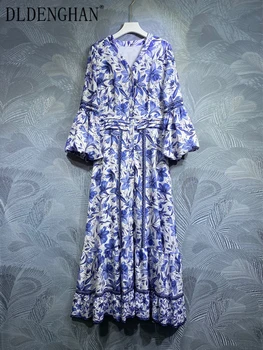 Модельер DLDENGHAN, Осеннее длинное платье, женское платье с V-образным вырезом и рукавами-фонариками, винтажное однобортное платье с синим цветочным принтом