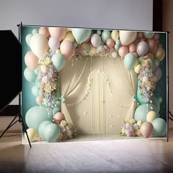 ЛУНА.QG Background Баннер с Днем Рождения, украшение двери, Занавес, фон с воздушным шаром и цветком, Индивидуальные принадлежности для фотобудки для вечеринок